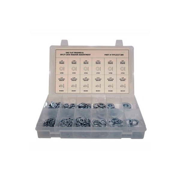 Flat & Split Lock Washer Washer Assortment, Steel, Zinc Plated Finish, 280 PCS
